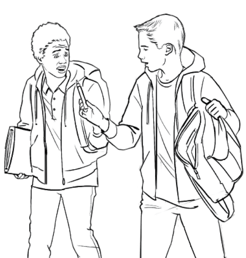 Illustration of two students with schoolbooks and backpacks talking. One student is holding a vaping device offering it to the other student.