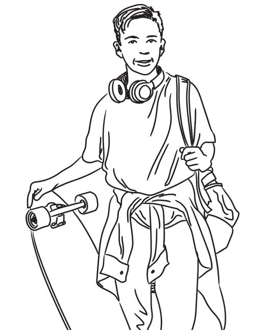 Illustration of a student holding a skateboard and wearing a schoolbag.