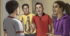 A teenager offering a bottle of beer to another teenager